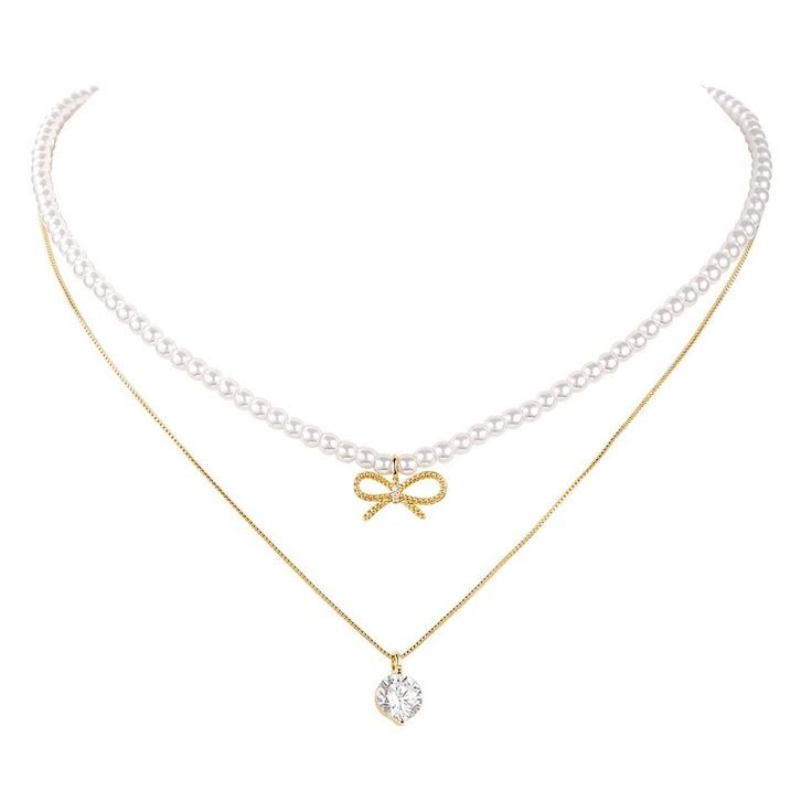 trendlooks pearls choker necklace layer baroque pearl necklace bow cubic zirconia crystal pendant for women
